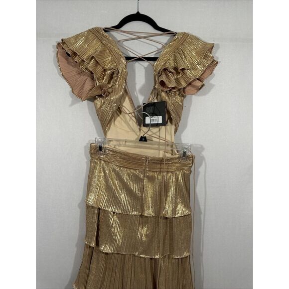 NWT‎ $498 IEENA Mac Duggal [ 4 ] 26740 Ruffle Tiered Lace Up Gown Gold - Picture 15 of 16